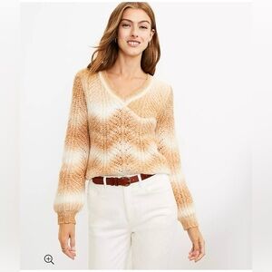 LOFT EUC V Neck Puff Sleeve Spacedye Ombre Knit Sweater